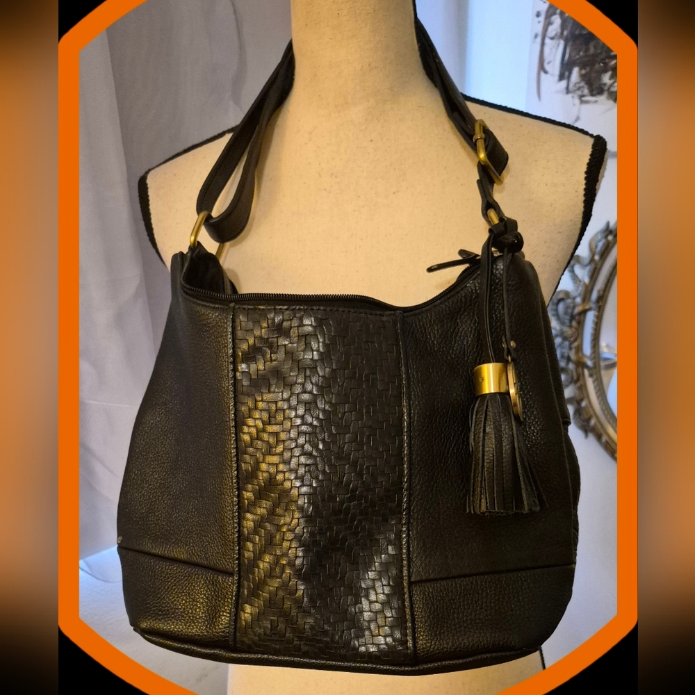 Gianini Bernini Pebbled Leather Hobo Bag w/Weave Panel and Logo Charm & Tassel